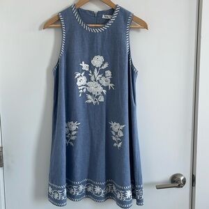 Zara Lightweight denim A-Line Dress, White embroidery, size S